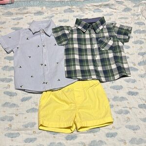 Plaid and Striped Kids Shirt Set with Yellow Shorts